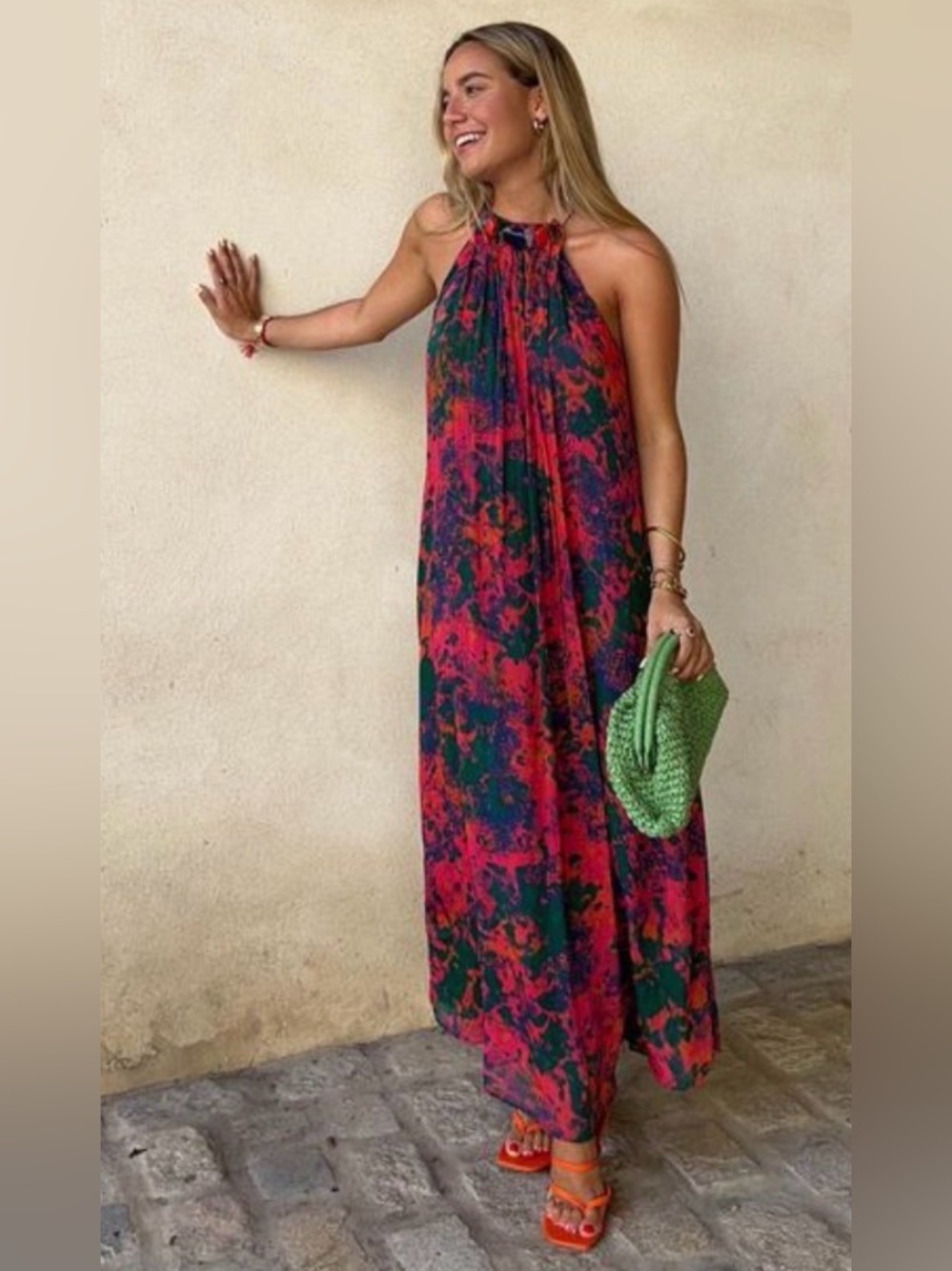 Colorful Abstract Print Maxi Plisse Halter Zara Dress